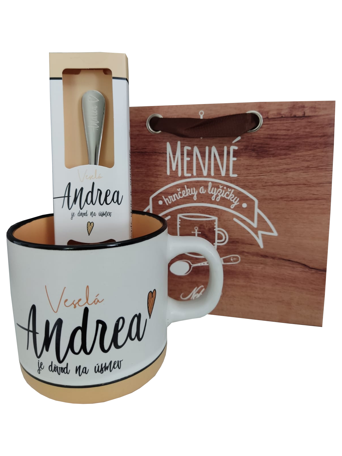 Sady s menom hrnček, lyžička, taška