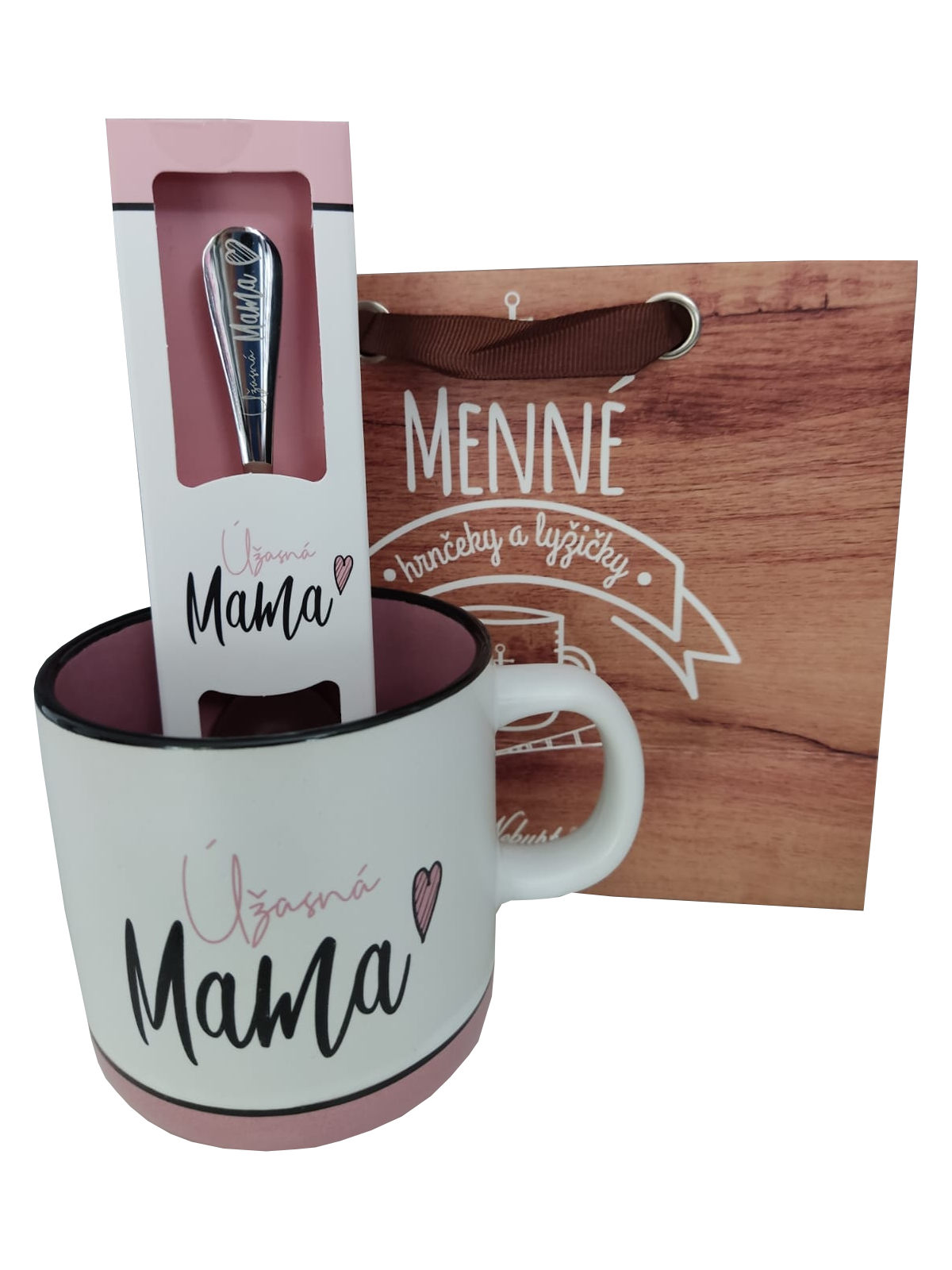 Sady s nápisom hrnček, lyžička, taška