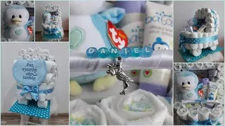 Plienková torta - kočík s kozmetikou modrý