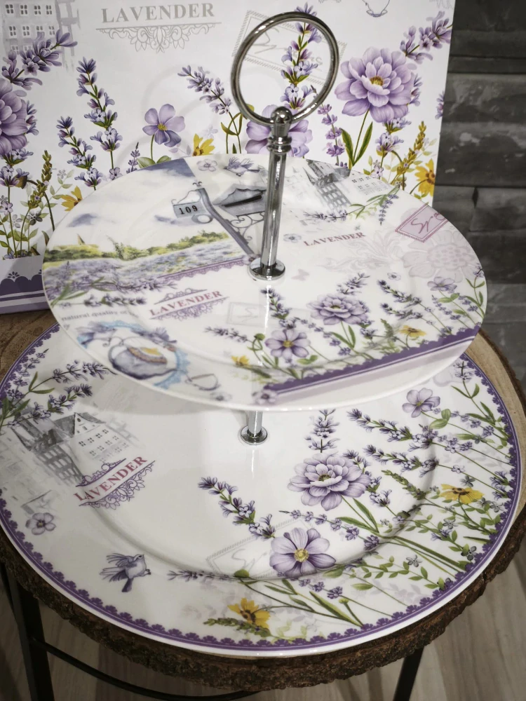 🌿 Dvojposchodový etažér na koláčiky – vzor Levanduľa