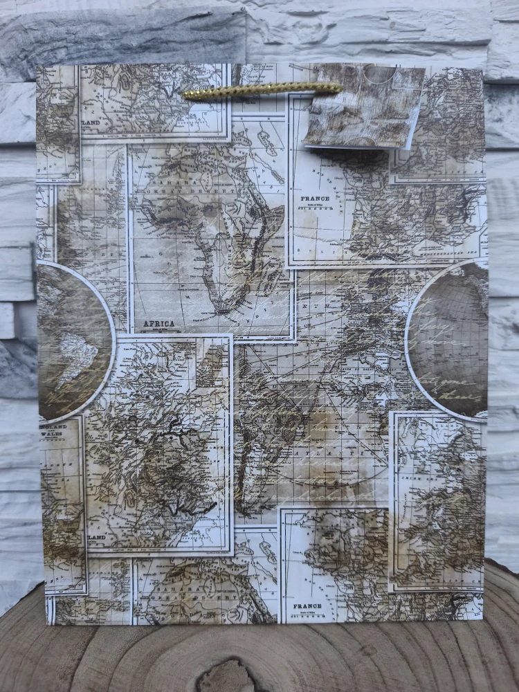 🌍 Darčeková taška bielo-hnedá s motívom mapy sveta