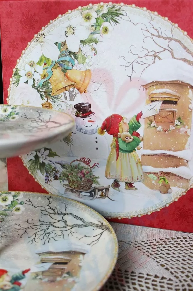Vianočný dvojposchodový porcelánový etažér bielo červený