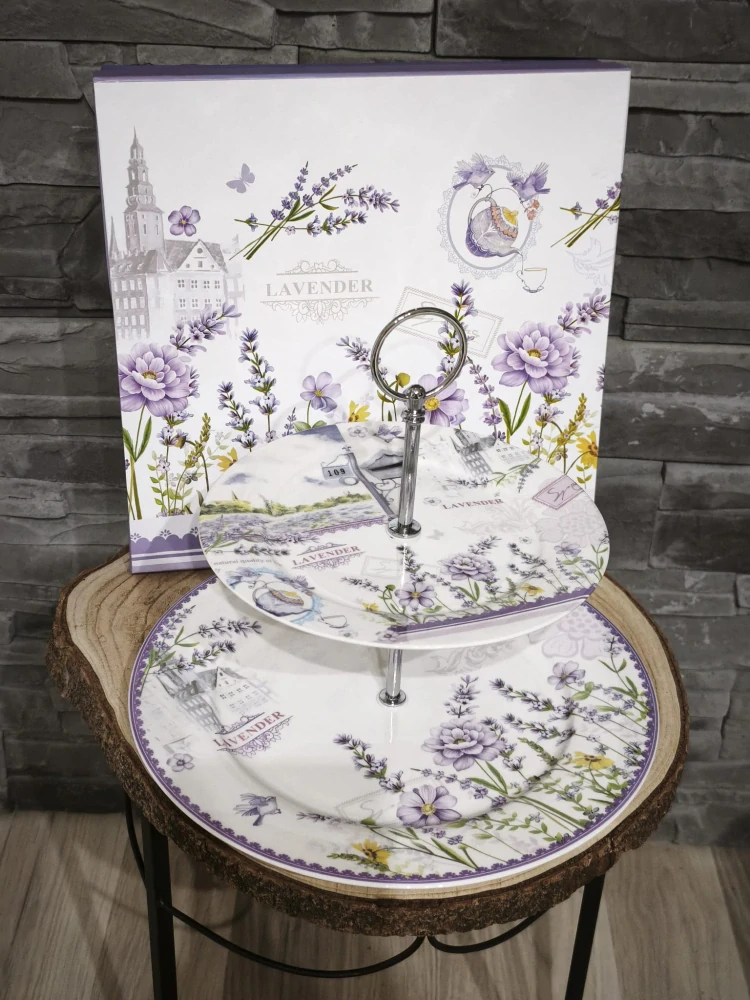 🌿 Dvojposchodový etažér na koláčiky – vzor Levanduľa