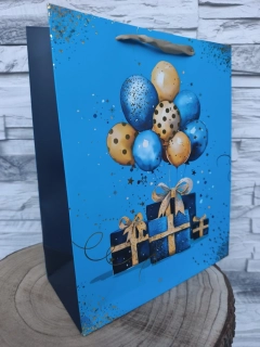 🎈 Darčeková taška modrá s motívom darčeka a balónov