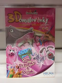 3D omaľovánka a skladačka z papiera - slon, prasiatko a psík